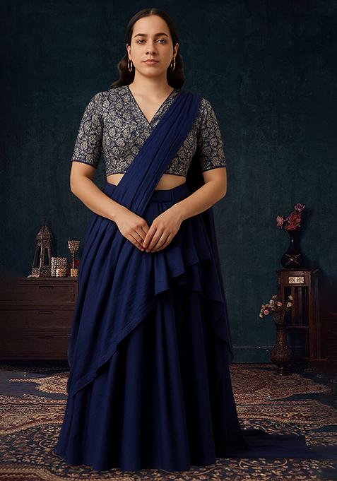 Navy Blue Embroidered Georgette Pre Draped Saree Set