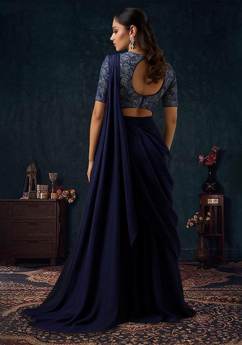 Navy Blue Embroidered Georgette Pre Draped Saree Set