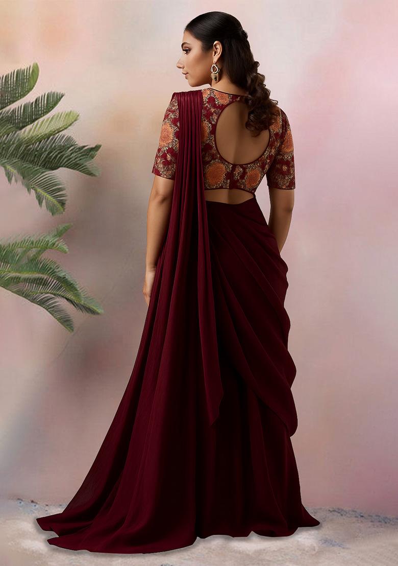 Maroon Embroidered Georgette Pre Draped Saree Set