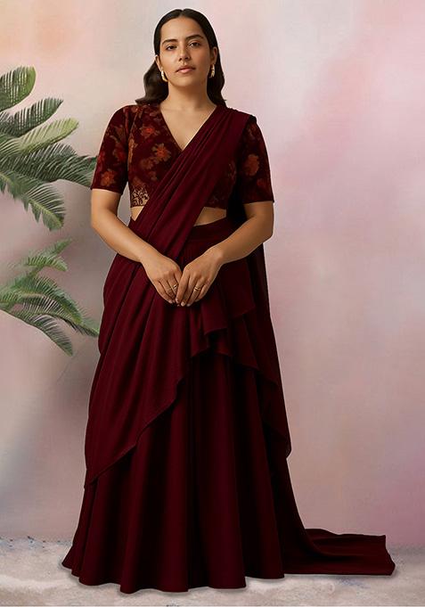 Maroon Embroidered Georgette Pre Draped Saree Set