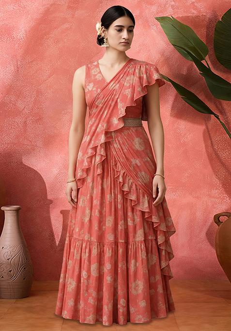 Pink Floral Print Satin Pre Draped Saree Set