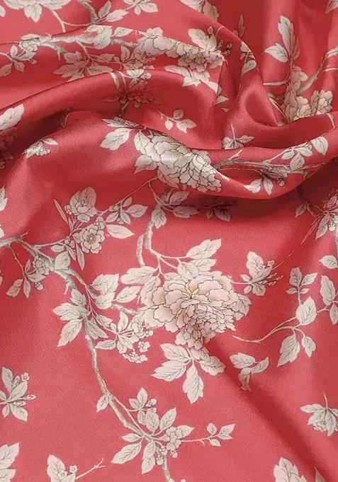 Pink Floral Print Satin Pre Draped Saree Set
