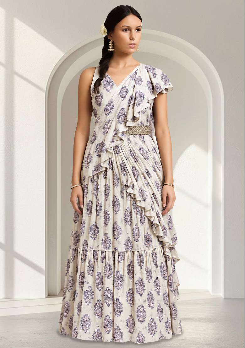 White And Purple Figure Print Satin Pre Draped Saree Set - Indya