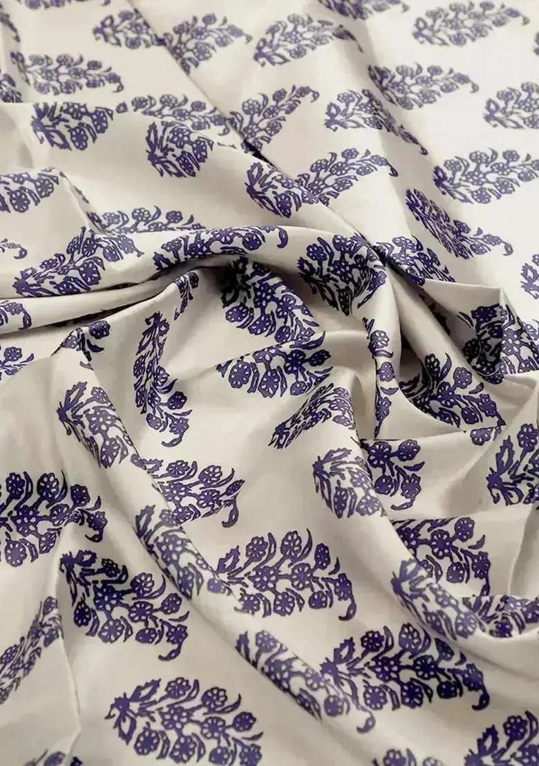White And Purple Figure Print Satin Pre Draped Saree Set - Indya
