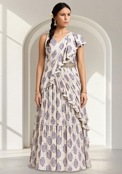 White And Purple Figure Print Satin Pre Draped Saree Set