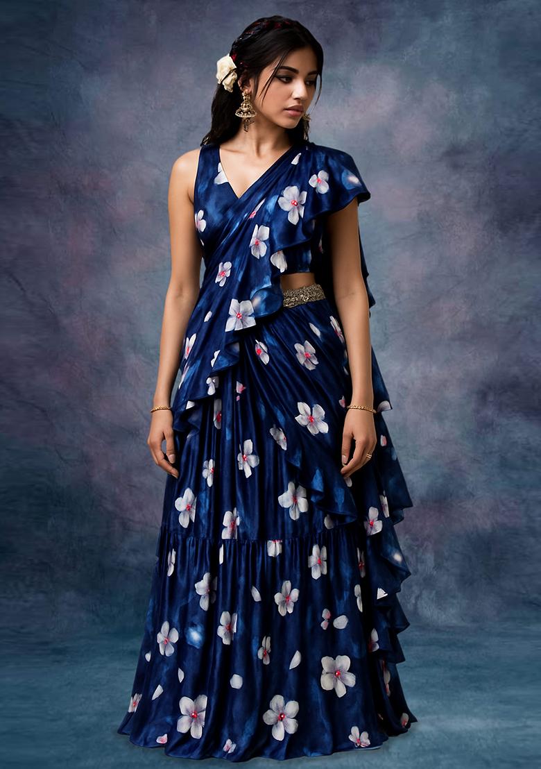 Navy Blue Floral Print Satin Pre Draped Saree Set