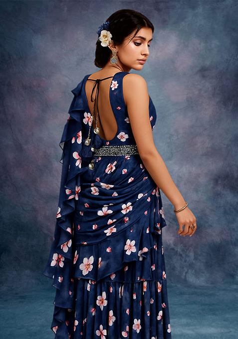 Navy Blue Floral Print Satin Pre Draped Saree Set