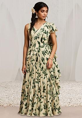 Green Floral Print Satin Pre Draped Saree Set
