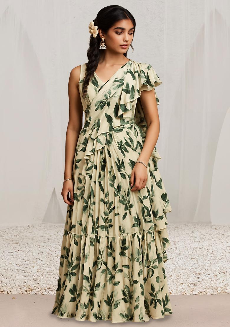Green Floral Print Satin Pre Draped Saree Set