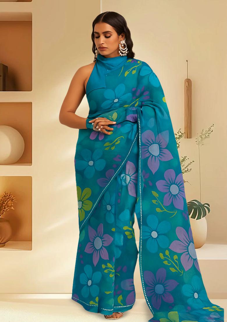 Blue Floral Print Organza Pre Draped Saree Set
