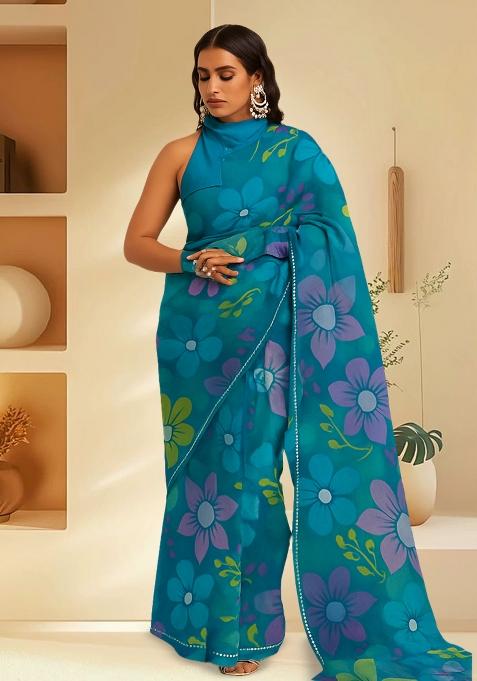 Blue Floral Print Organza Pre Draped Saree Set
