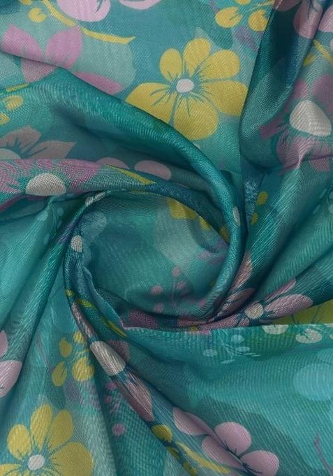 Blue Floral Print Organza Pre Draped Saree Set
