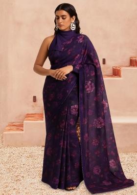 Purple Floral Print Organza Pre Draped Saree Set