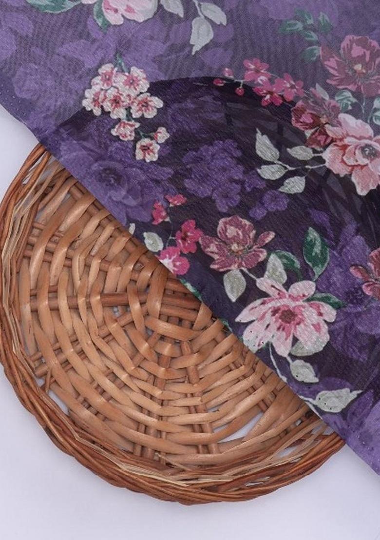 Purple Floral Print Organza Pre Draped Saree Set - Indya