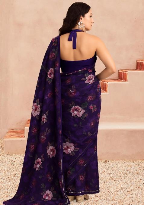 Purple Floral Print Organza Pre Draped Saree Set