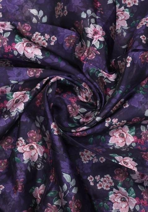 Purple Floral Print Organza Pre Draped Saree Set