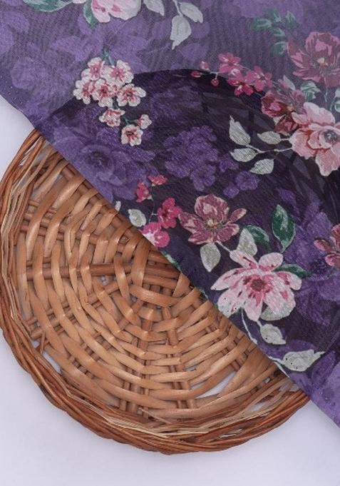 Purple Floral Print Organza Pre Draped Saree Set