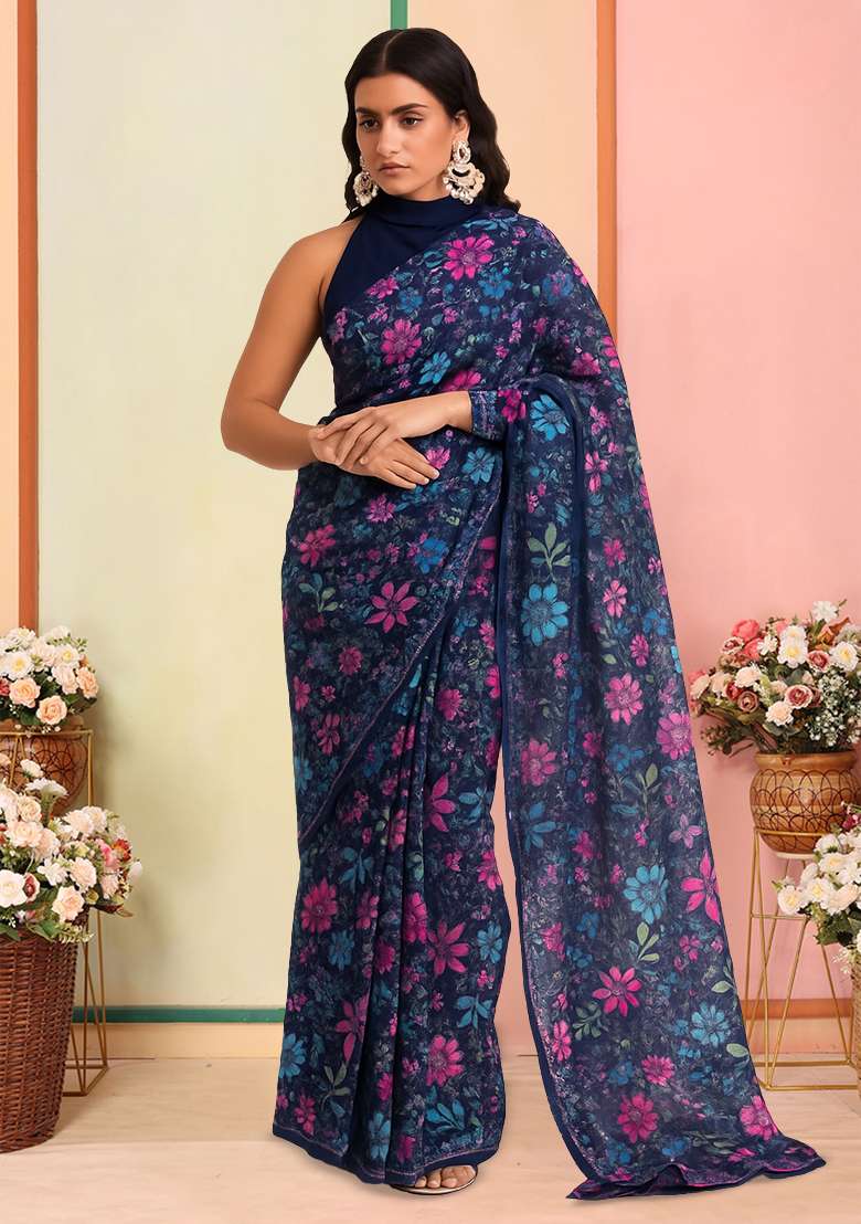 Navy Blue Organza Pre Draped Saree Set with Floral Print for Diwali | Wedding & Festive Wear - Indya