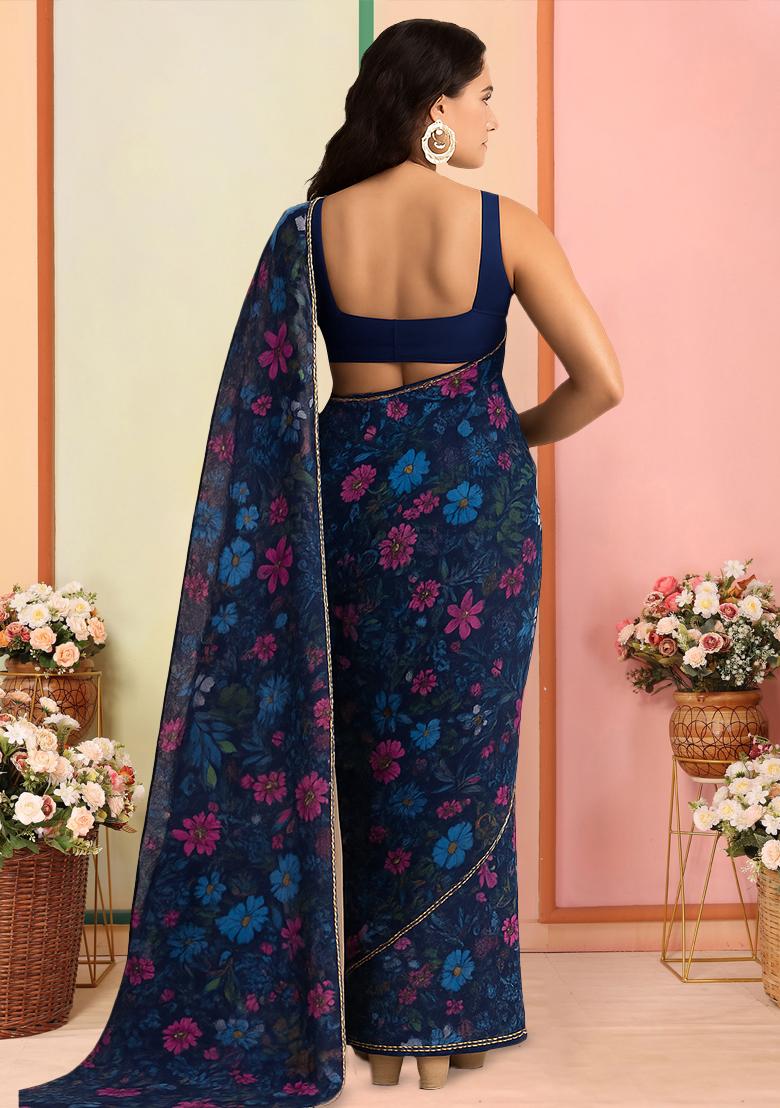 Navy Blue Floral Print Organza Pre Draped Saree Set - Indya
