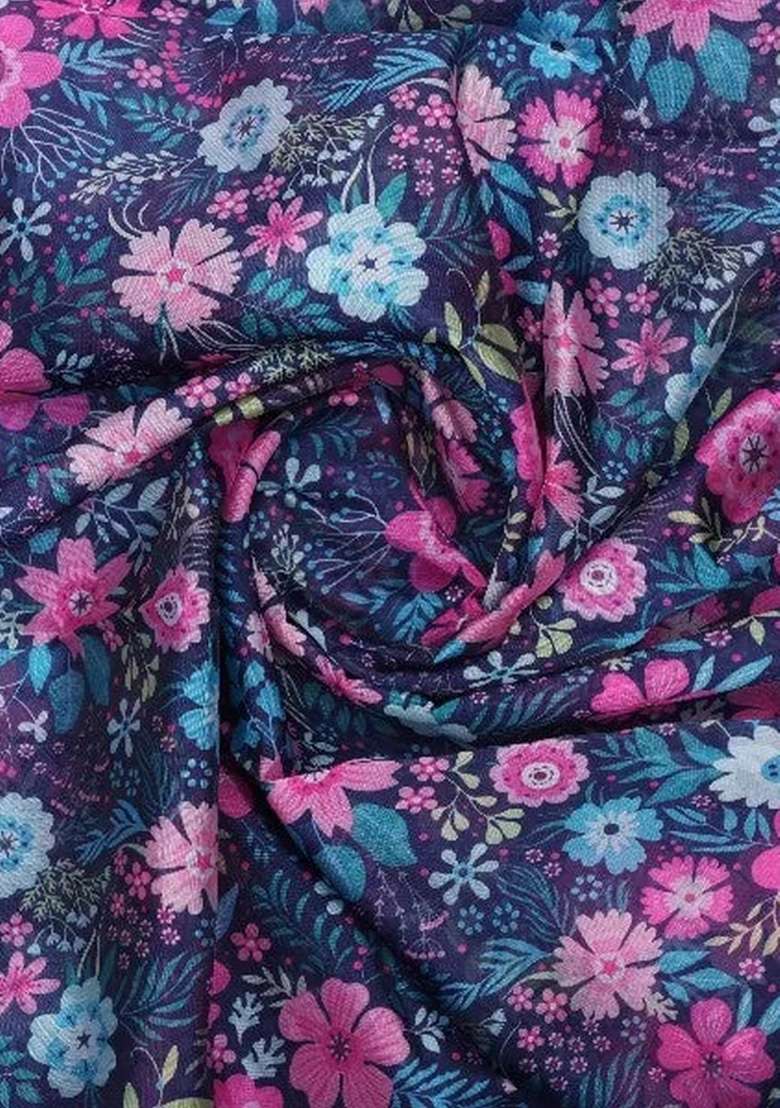 Navy Blue Organza Pre Draped Saree Set with Floral Print for Diwali | Wedding & Festive Wear - Indya