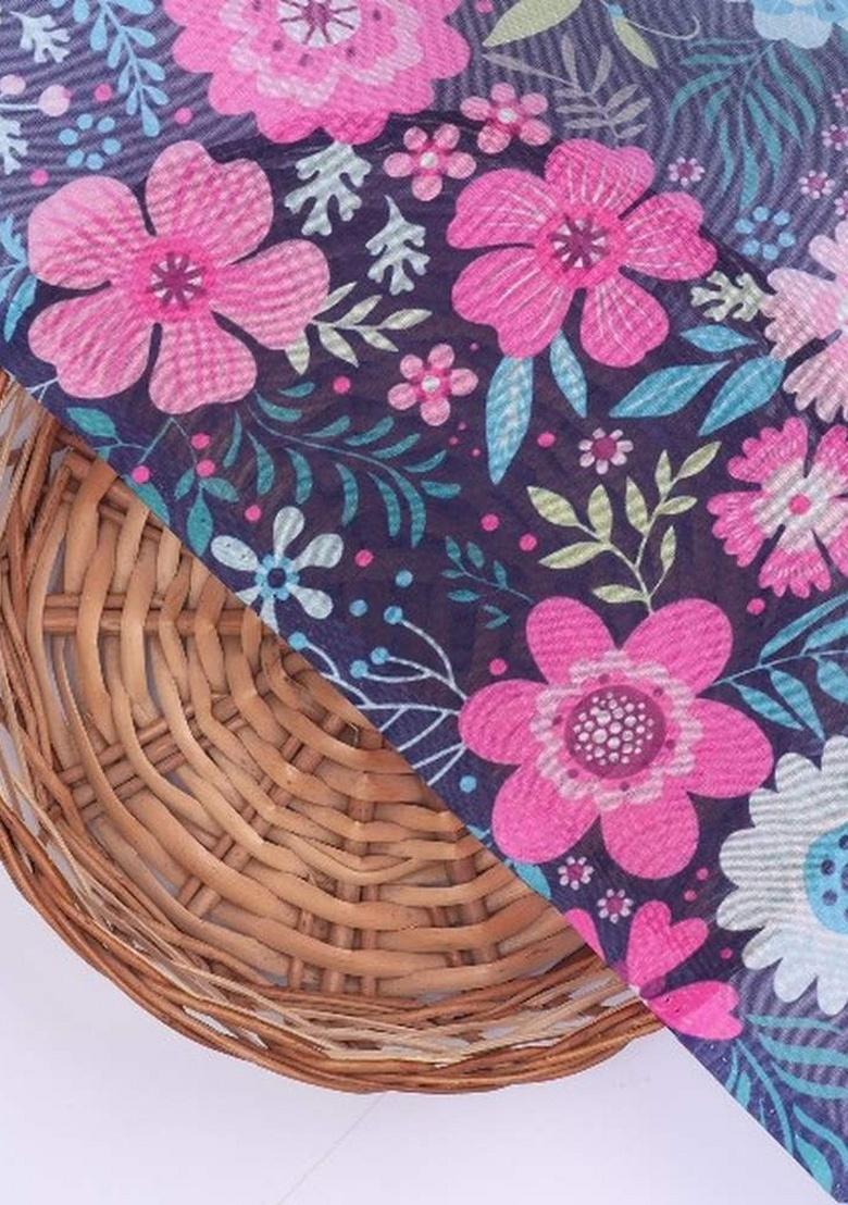 Navy Blue Floral Print Organza Pre Draped Saree Set - Indya