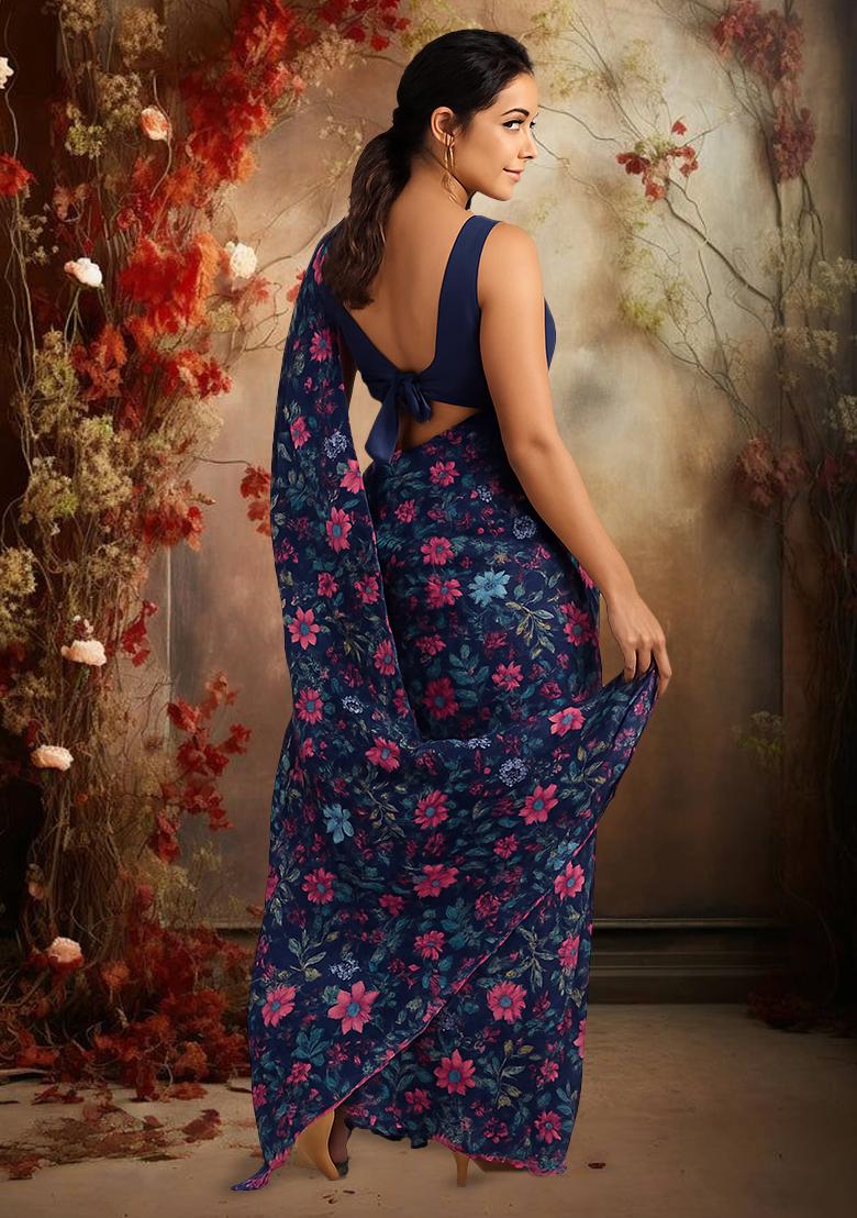 Navy Blue Floral Print Organza Pre Draped Saree Set - Indya