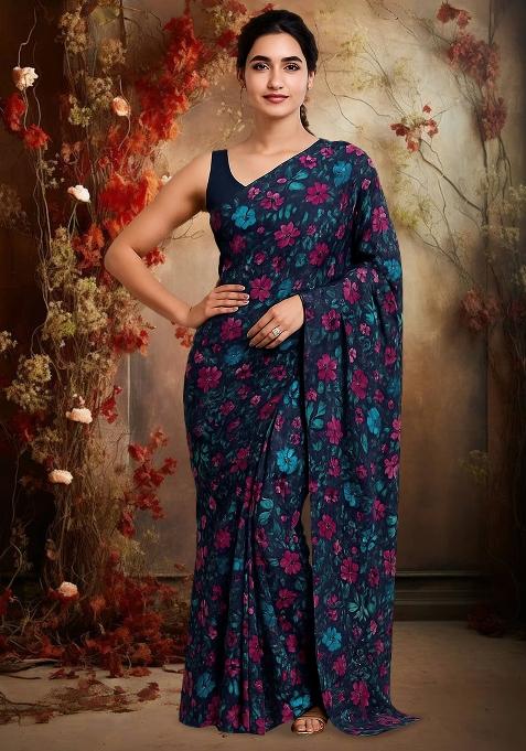 Navy Blue Floral Print Organza Pre Draped Saree Set