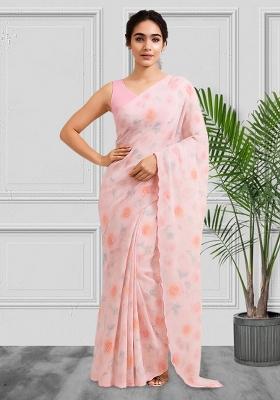 Pink Floral Print Satin Pre Draped Saree Set