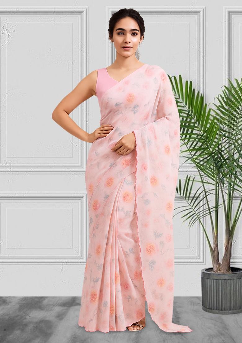 Pink Floral Print Satin Pre Draped Saree Set
