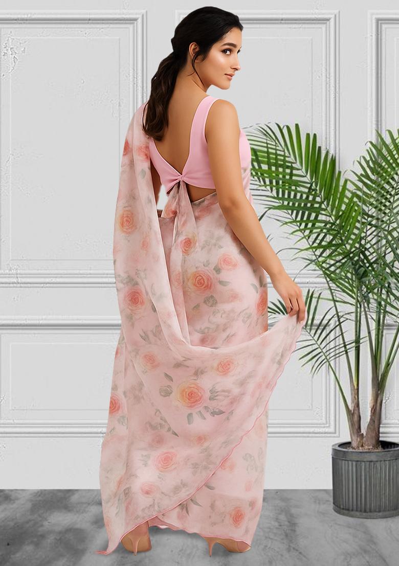 Pink Floral Print Satin Pre Draped Saree Set