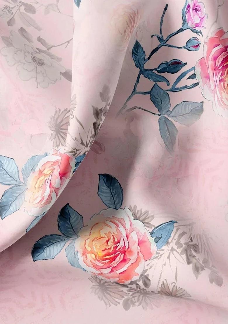 Pink Floral Print Satin Pre Draped Saree Set