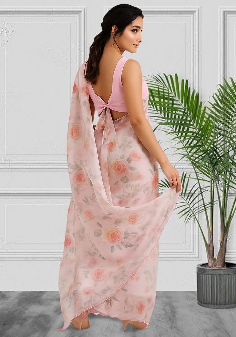 Pink Floral Print Satin Pre Draped Saree Set
