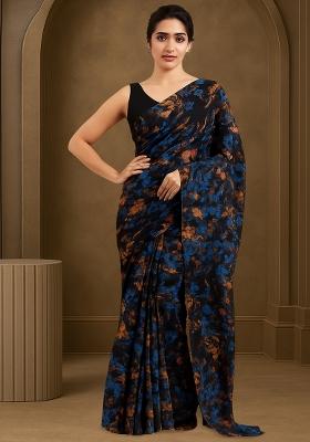 Black Abstract Print Chinon Pre Draped Saree Set