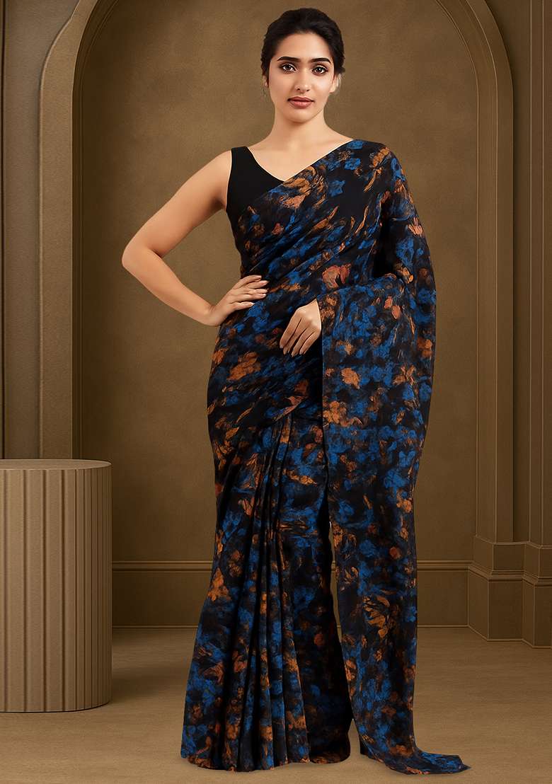 Black Abstract Print Chinon Pre Draped Saree Set for Diwali and Festive Wear - Indya