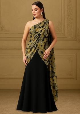 Black Chinon Printed Embroidered Pre Draped Saree Set