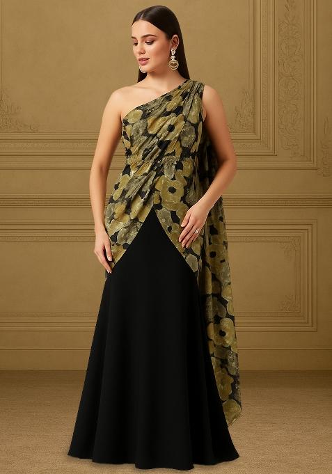 Black Chinon Printed Embroidered Pre Draped Saree Set