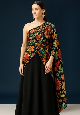 Multicolor Chinon Printed Embroidered Pre Draped Saree Set