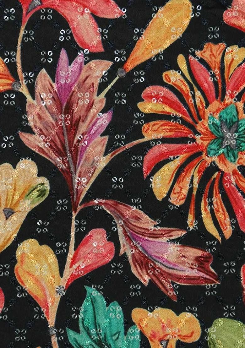 Multicolor Chinon Printed Embroidered Pre Draped Saree Set - Indya