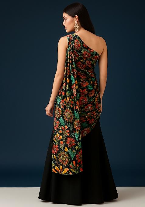 Multicolor Chinon Printed Embroidered Pre Draped Saree Set