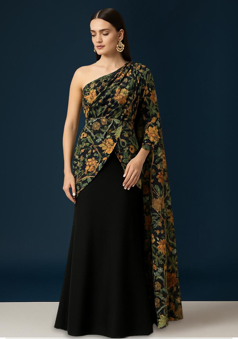 Multicolor Chinon Printed Embroidered Pre Draped Saree Set