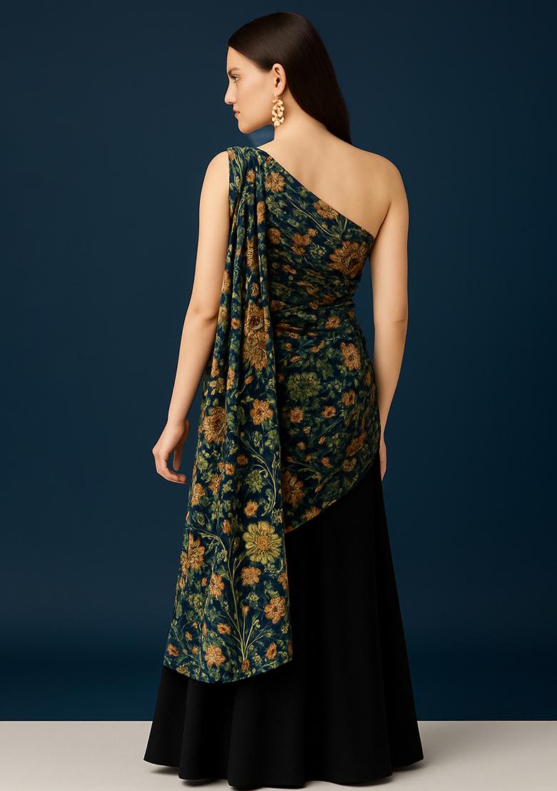 Multicolor Chinon Printed Embroidered Pre Draped Saree Set - Indya