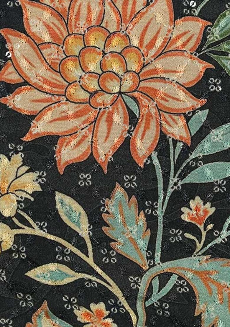 Multicolor Chinon Printed Embroidered Pre Draped Saree Set - Indya