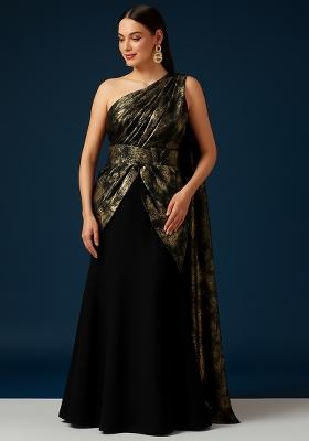 Black Chinon Foil Printed Pre Draped Saree Set