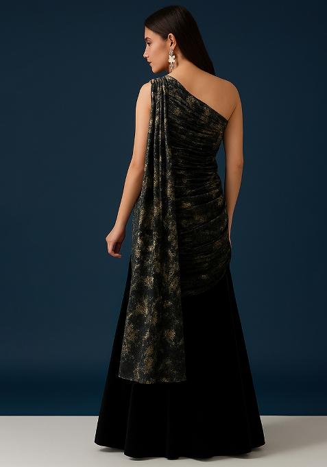 Black Chinon Foil Printed Pre Draped Saree Set