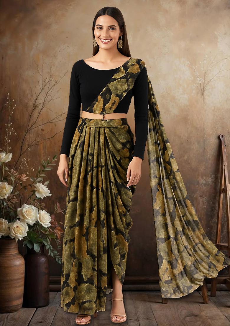 Multicolor Chinon Printed Embroidered Pre Draped Saree Set