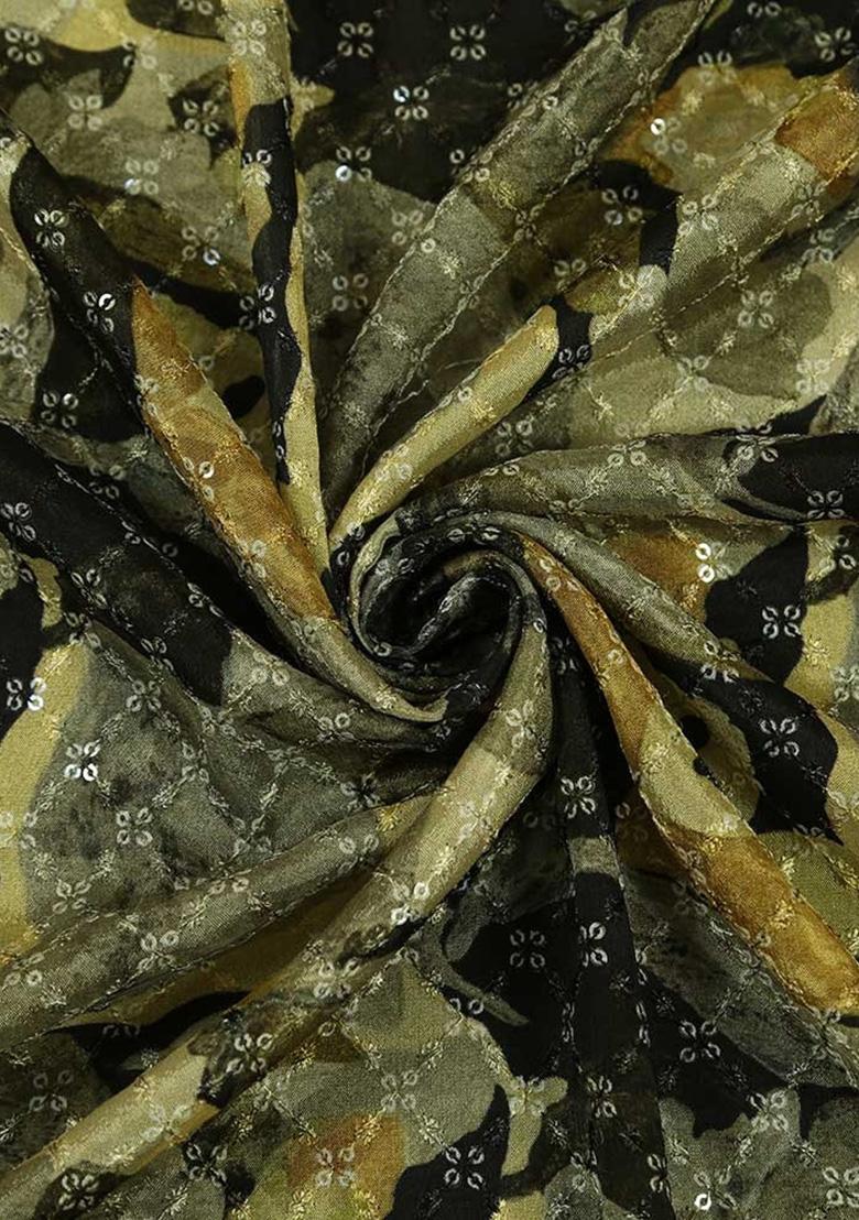 Multicolor Chinon Printed Embroidered Pre Draped Saree Set