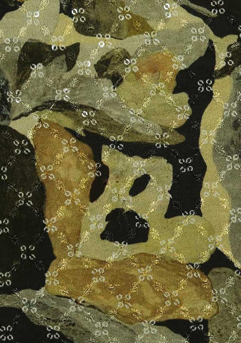 Multicolor Chinon Printed Embroidered Pre Draped Saree Set