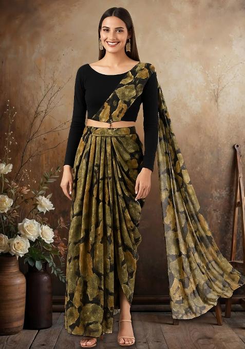 Multicolor Chinon Printed Embroidered Pre Draped Saree Set
