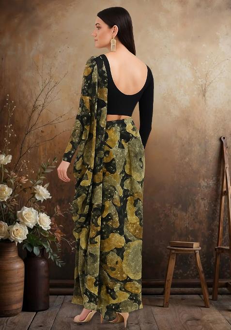 Multicolor Chinon Printed Embroidered Pre Draped Saree Set