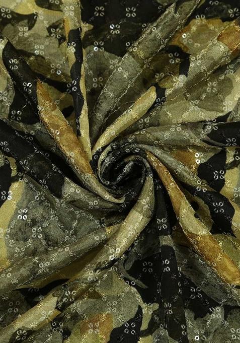 Multicolor Chinon Printed Embroidered Pre Draped Saree Set